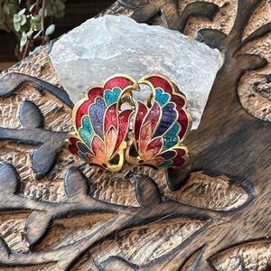 Vintage Cloisonné Butterfly Demi Hoop Clip On Earrings